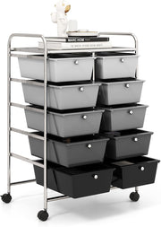 10 Drawer Rolling Storage Cart Black Organizer Trolley with Wheels