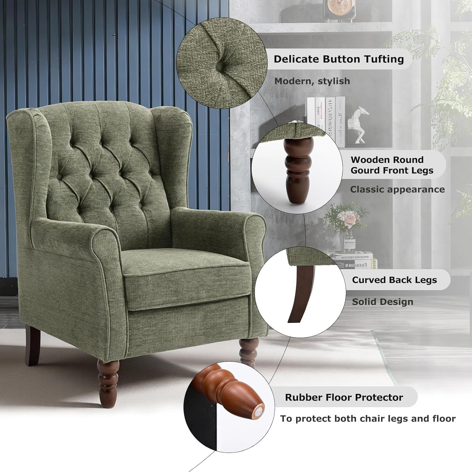 Green Wingback Accent Armchair Button Tufted Fabric Lounge Chair