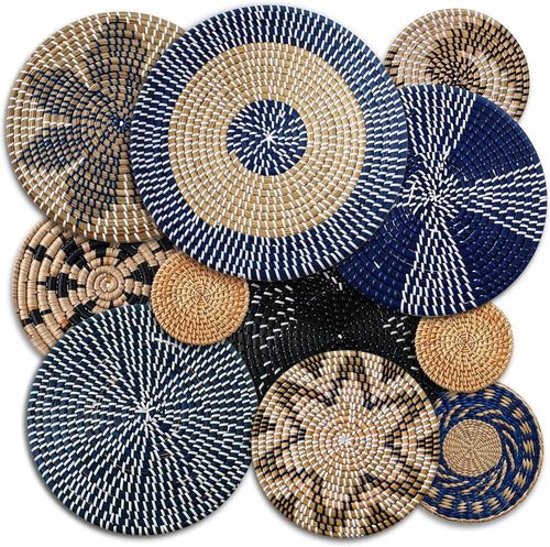 11PCS Boho Woven Wall Baskets Bulrush Farmhouse Decor Clr Blue