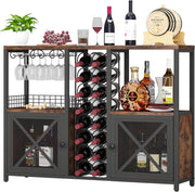 Rustic Home Bar Cabinet with Wine Rack, Glass Holder & Storage Shelves Sideboard