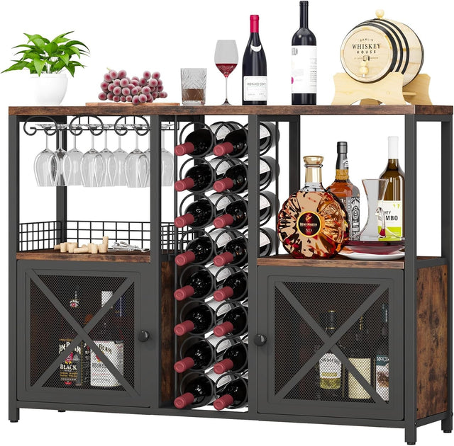 Rustic Home Bar Cabinet with Wine Rack, Glass Holder & Storage Shelves Sideboard