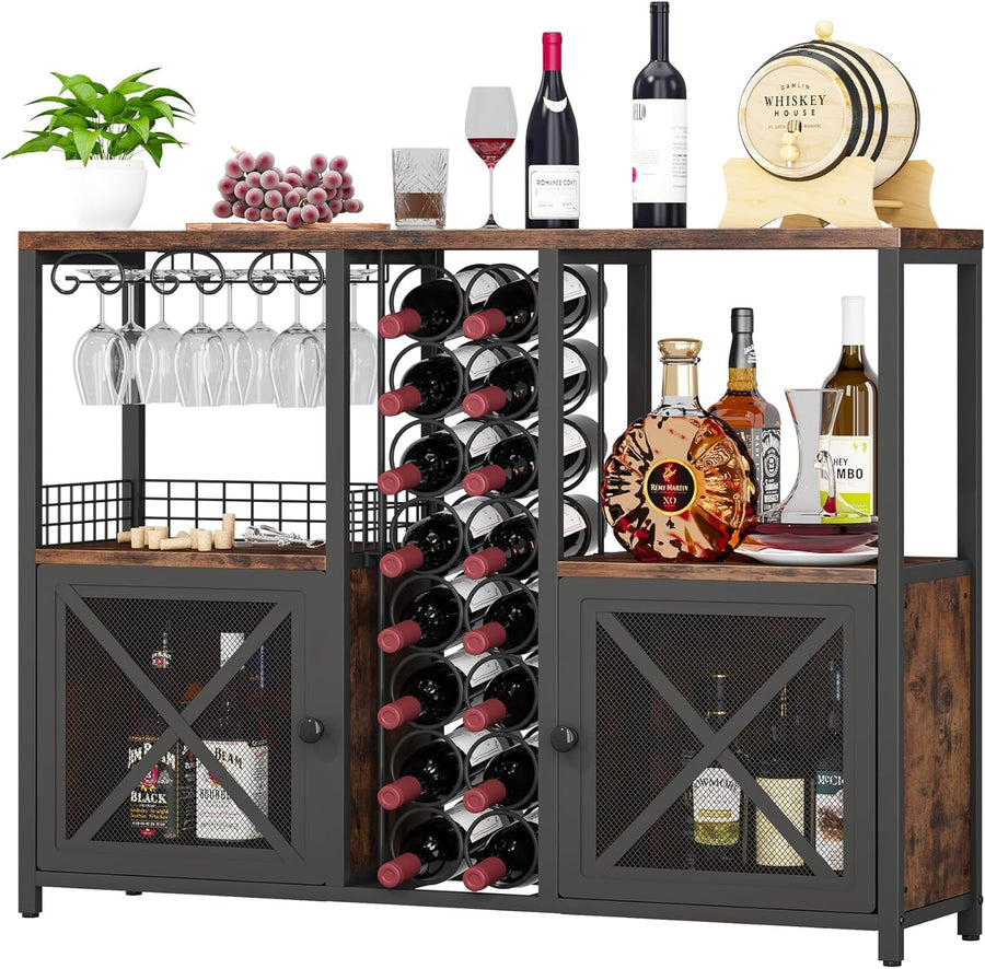Rustic Home Bar Cabinet with Wine Rack, Glass Holder & Storage Shelves Sideboard