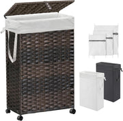 70L Slim Rattan Laundry Hamper with Wheels 2 Removable Bags Tall Basket Brown