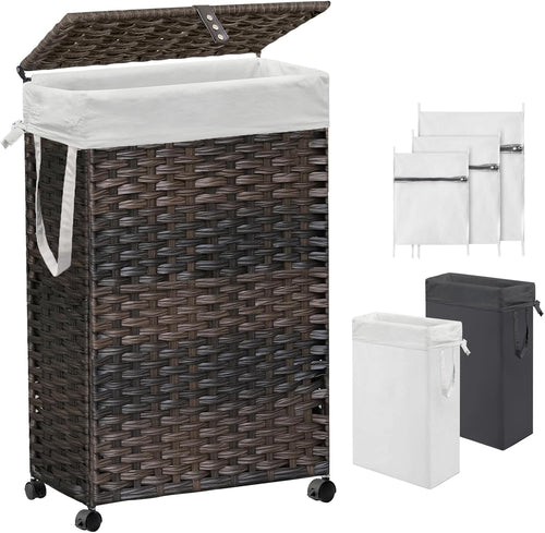 70L Slim Rattan Laundry Hamper with Wheels 2 Removable Bags Tall Basket Brown