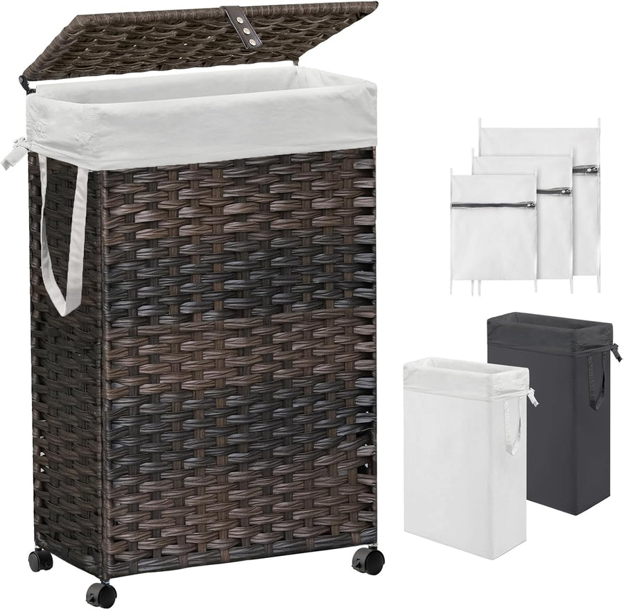 70L Slim Rattan Laundry Hamper with Wheels 2 Removable Bags Tall Basket Brown