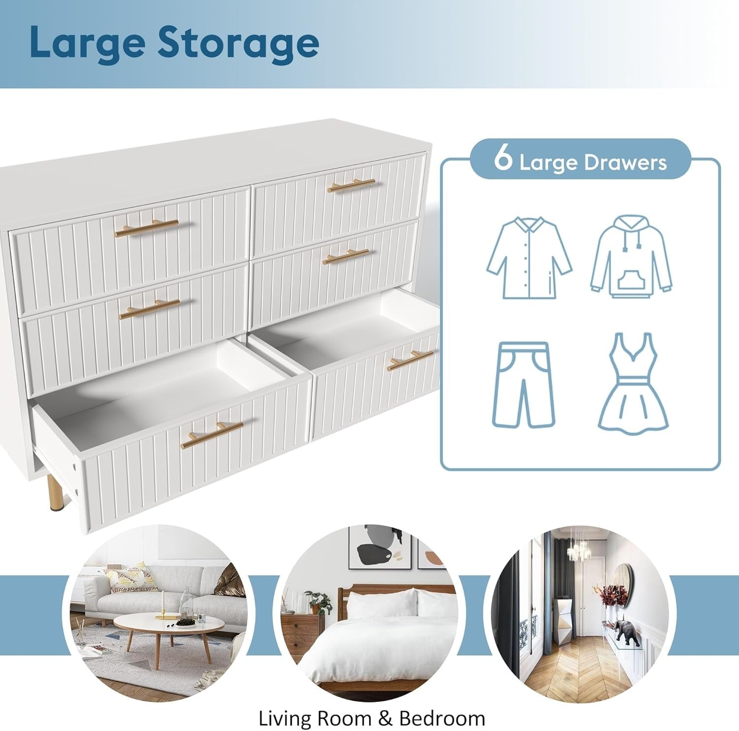 Adjustable 6-Drawer Chest Storage Cabinet for Living Room & Hallway, Modern Styl
