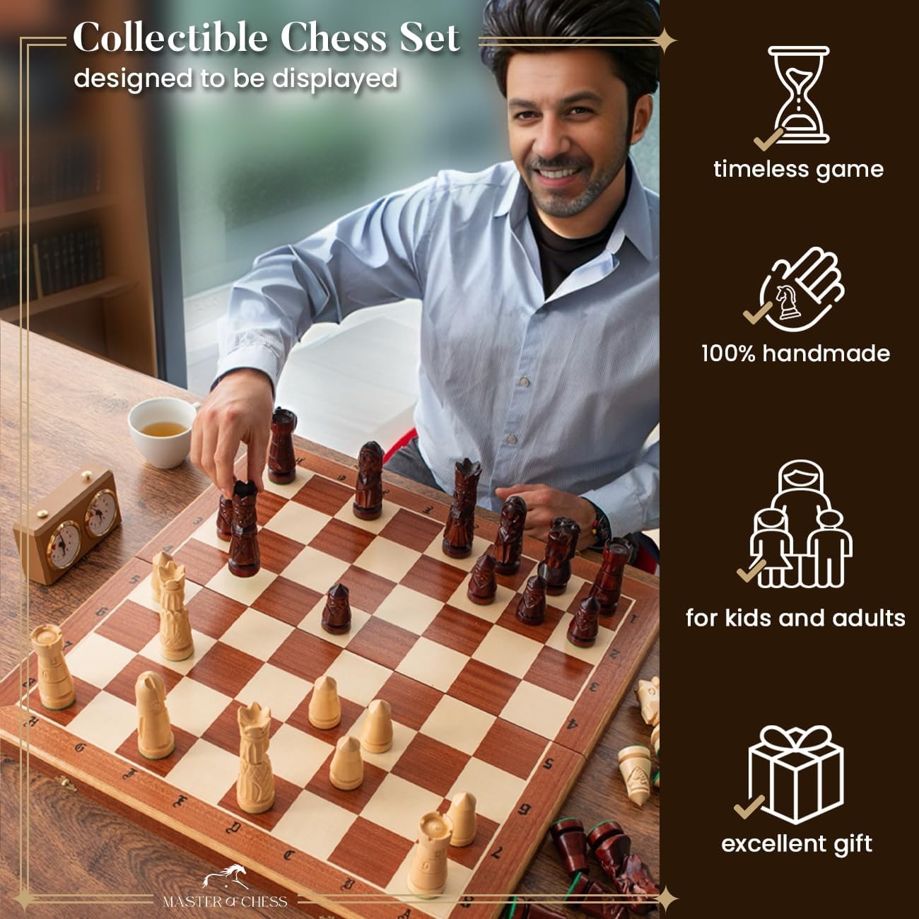 60cm XXL Luxury Inlaid Wooden Chess Set – Handcrafted Board & Tall Weighted Piec