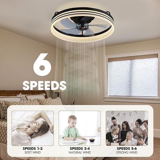 50cm Modern Black Ceiling Fan Light with Remote & App, 6 Speeds, Dimmable LED