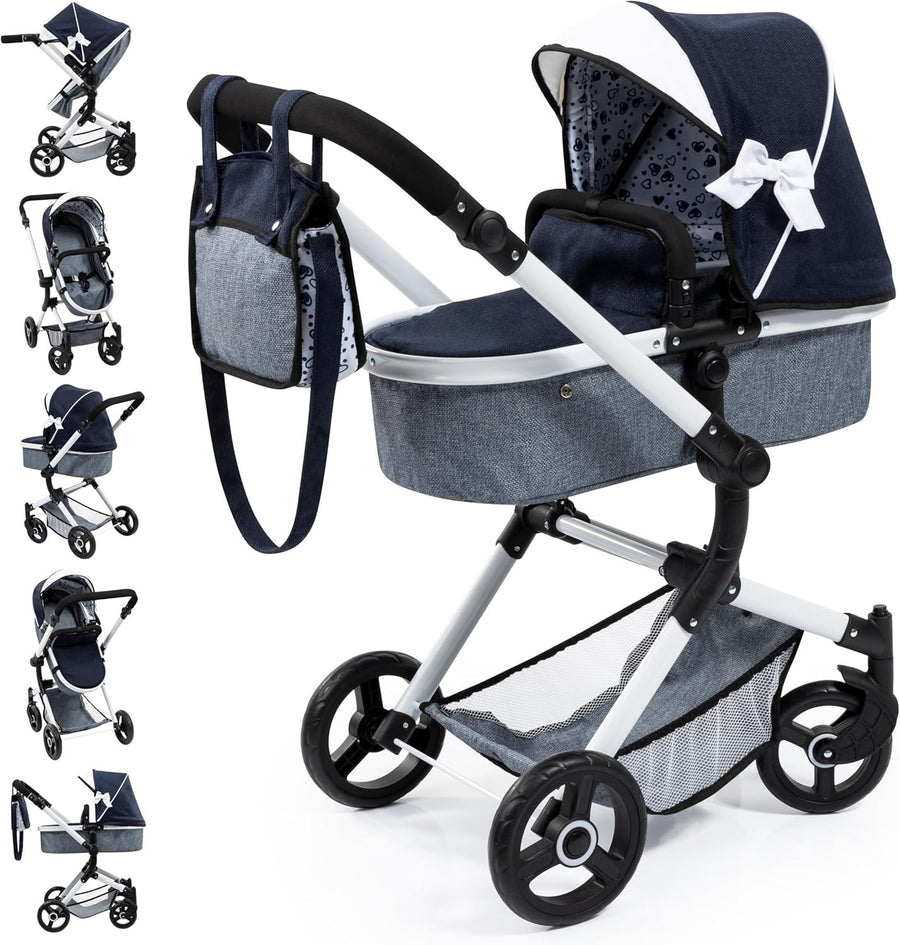 Convertible Doll Pram Stroller Adjustable Handle Foldable Basket Bag
