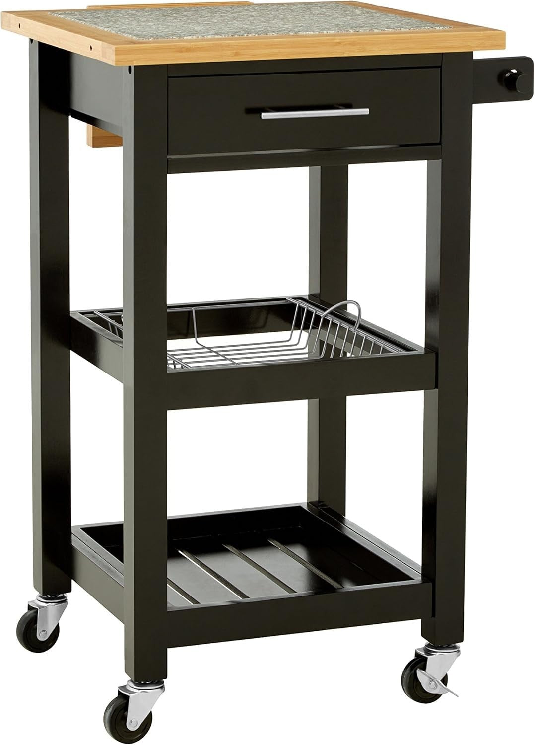 Black Kitchen Trolley Granite Top Pine Wood Cart 92cm