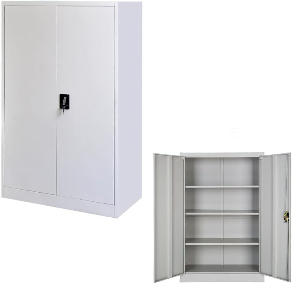 Grey White Metal Storage Cabinet 2 Door Cupboard 4 Shelves 109cm Lockable