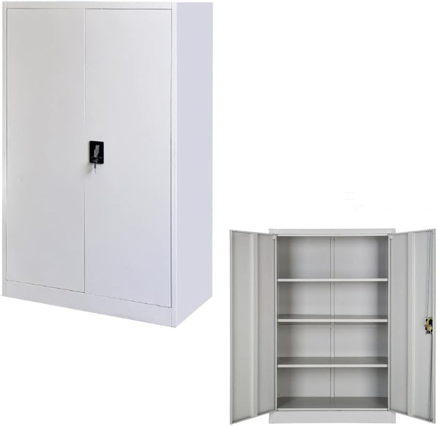 Grey White Metal Storage Cabinet 2 Door Cupboard 4 Shelves 109cm Lockable