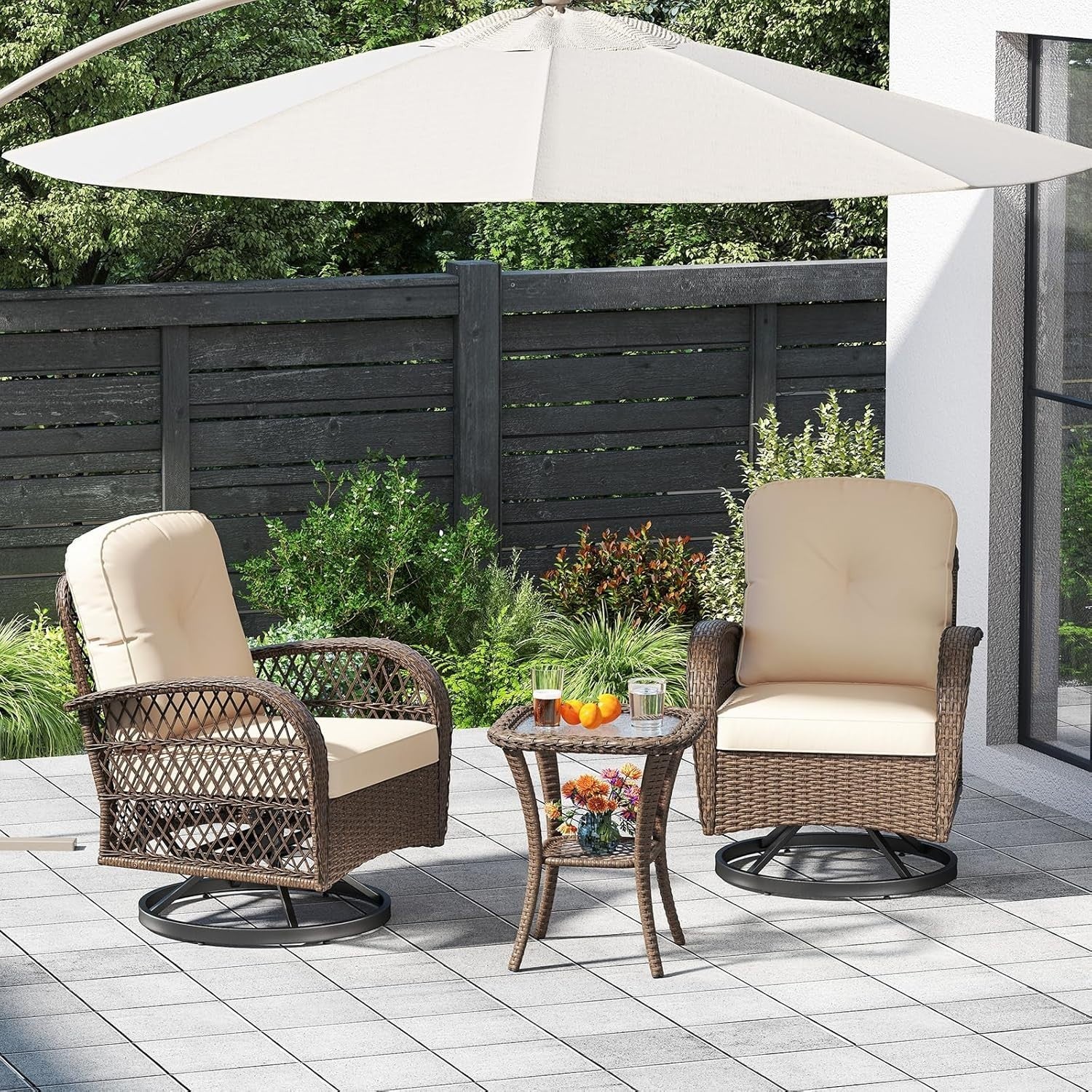 360° Rattan Swivel Rocker Chairs Set w/ Cushions & Table Outdoor Patio