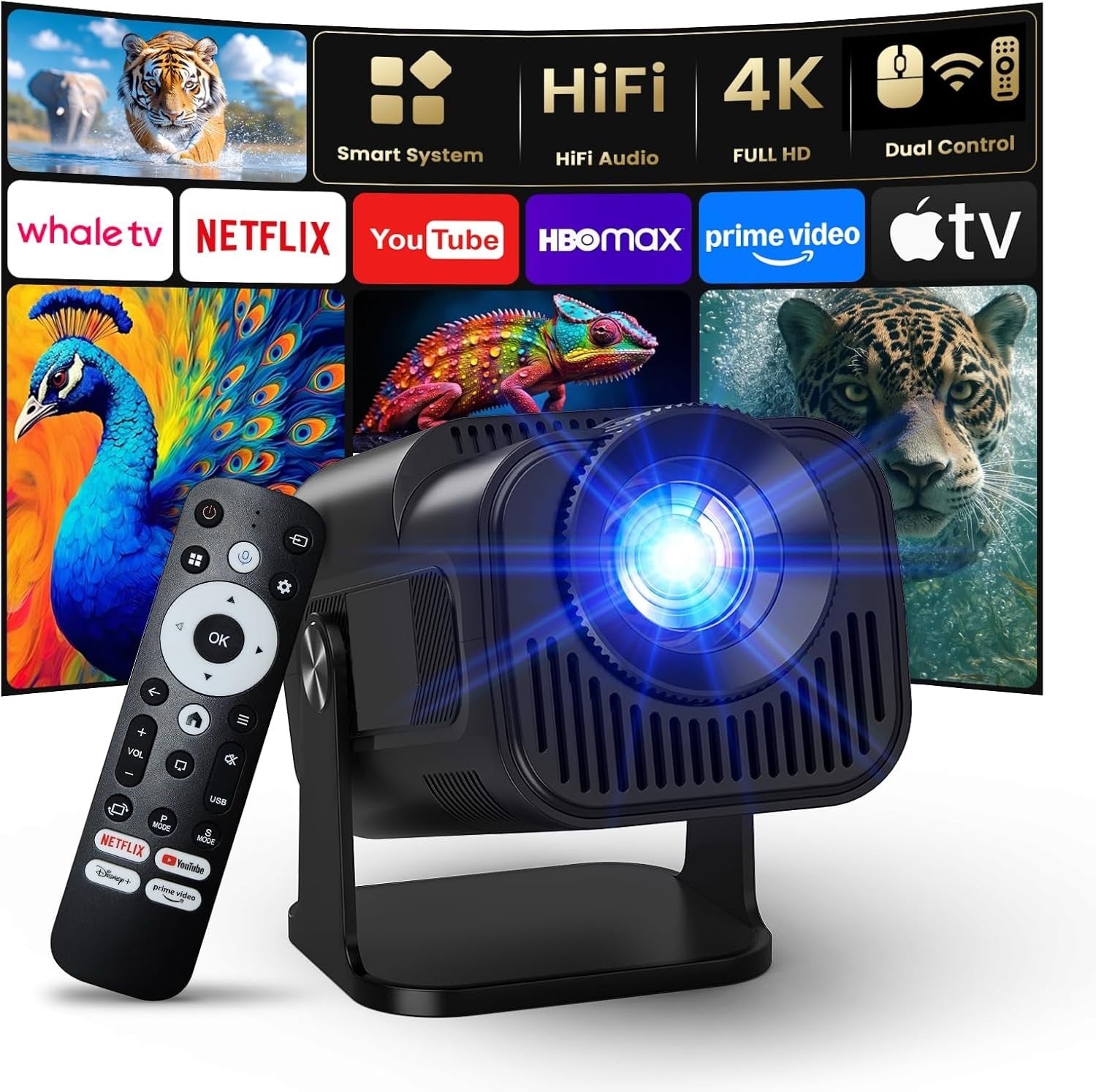 Smart 1080P Projector 4K WiFi Bluetooth Netflix YouTube 320 ANSI