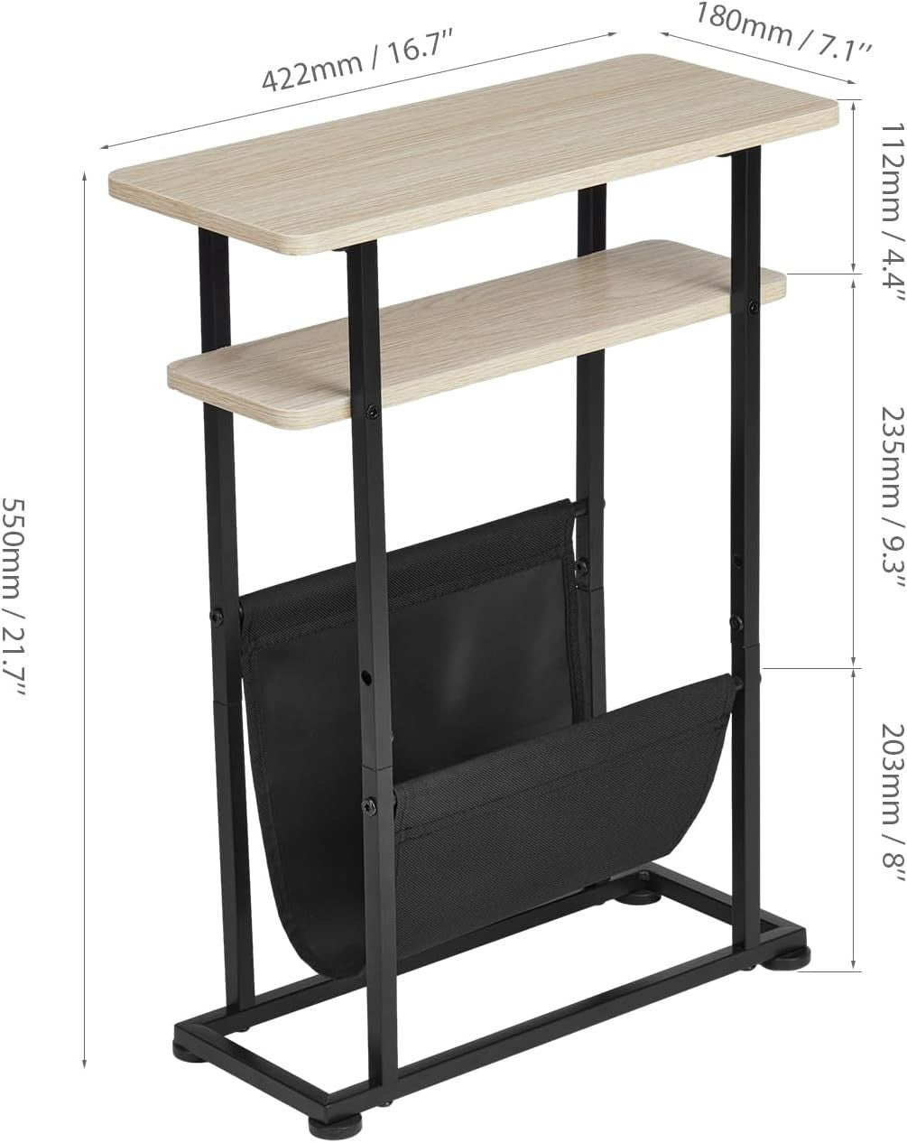 Slim Oak Side Table with Magazine Holder & Adjustable Feet 18x42x55cm