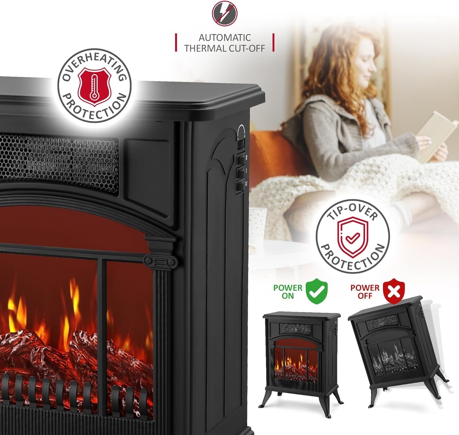 Electric Stove Fireplace Heater 1900W Flame Effect Log Burner Freestanding