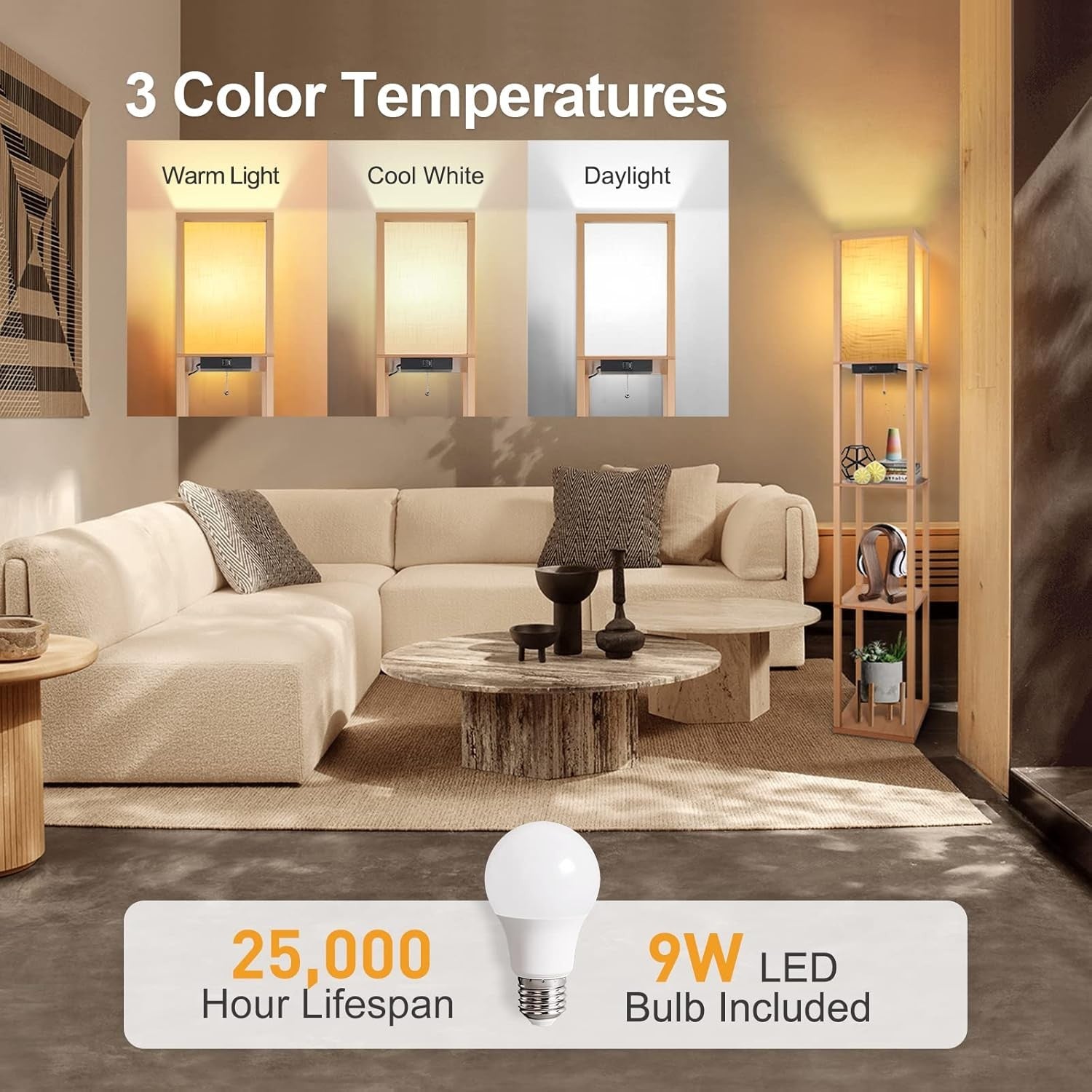 Floor Lamp with Shelves USB C Charging LED Wooden Standing Storage Light
