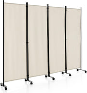 4 Panel Beige Folding Room Divider Privacy Screen on Wheels for Home Office