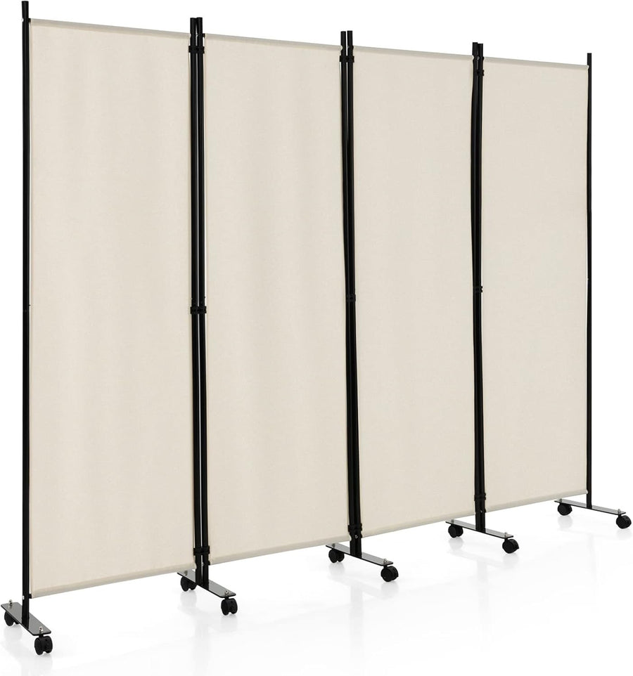 4 Panel Beige Folding Room Divider Privacy Screen on Wheels for Home Office