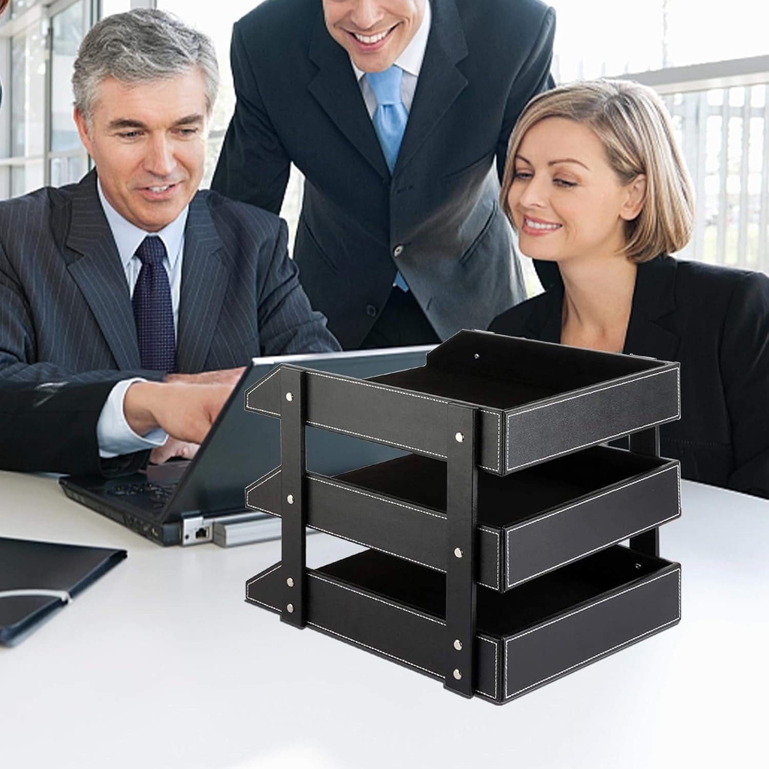 Stackable Leather Desk Organizer 3-Tier Letter Tray Office Storage Black