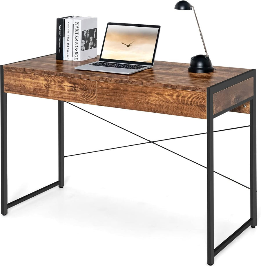 Rustic Brown Computer Desk with 2 Drawers & Metal Frame