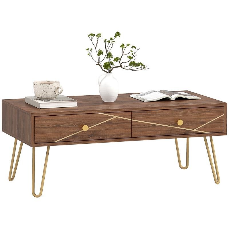 Modern Coffee Table with Storage Drawers & Gold Legs – 100cm, Brown