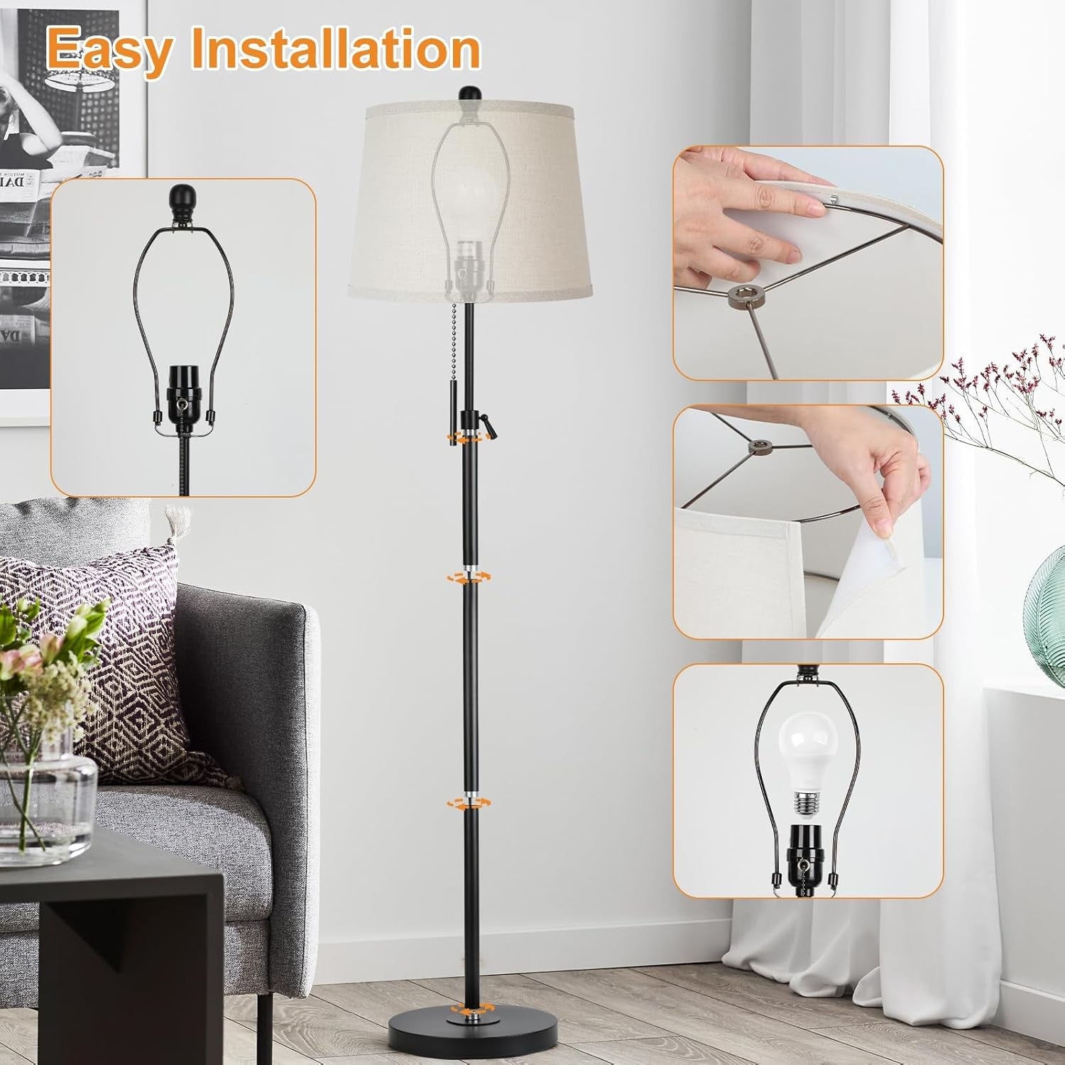 Adjustable Floor Lamp Black Height Adjustable 3 Colour LED Standing Light