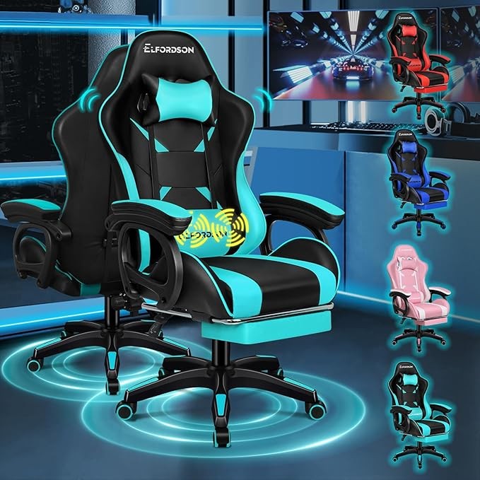 ELFORDSON Gaming Chair w/ 2-Point Massage Lumbar Cyan