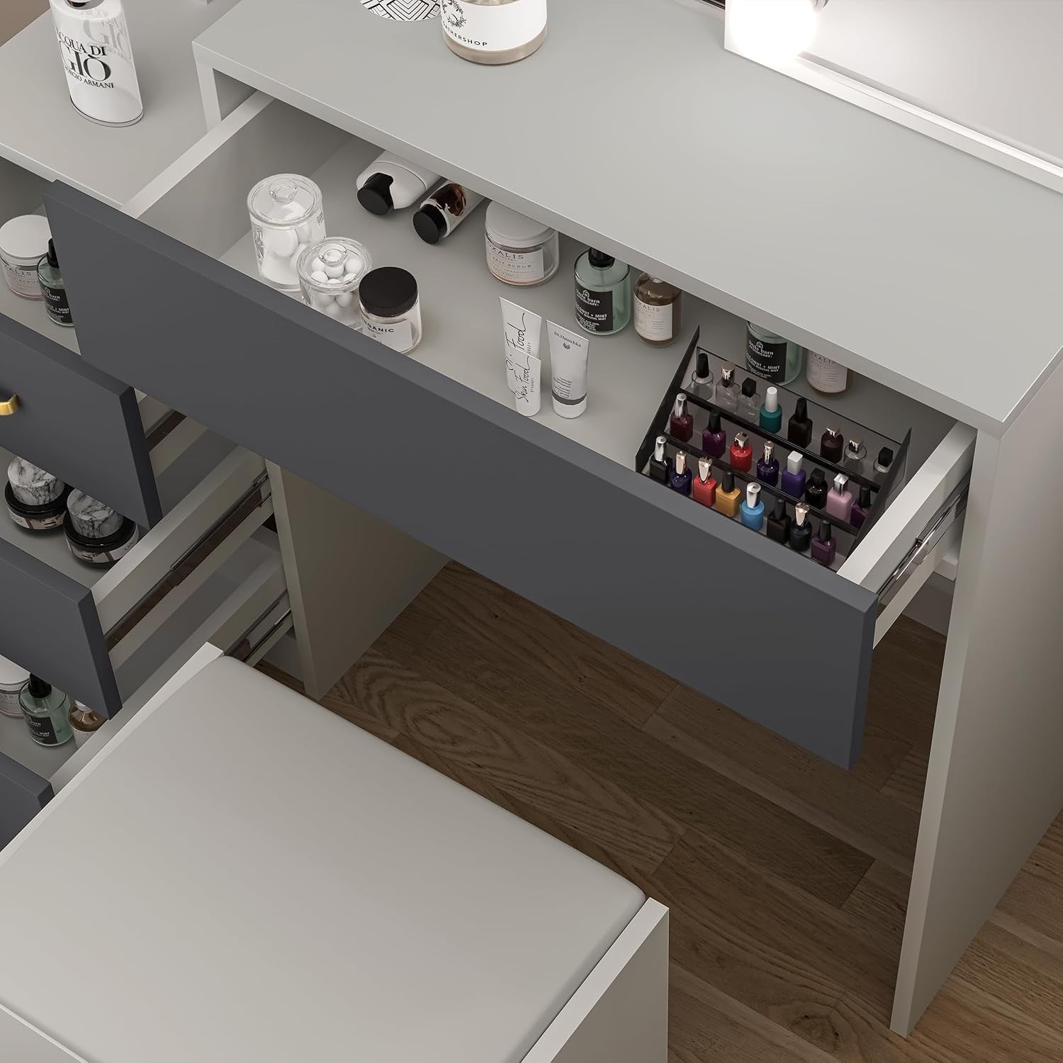 Large White Vanity Desk w/Lighted Mirror 7 Drawers Open Storage Modern Dresser