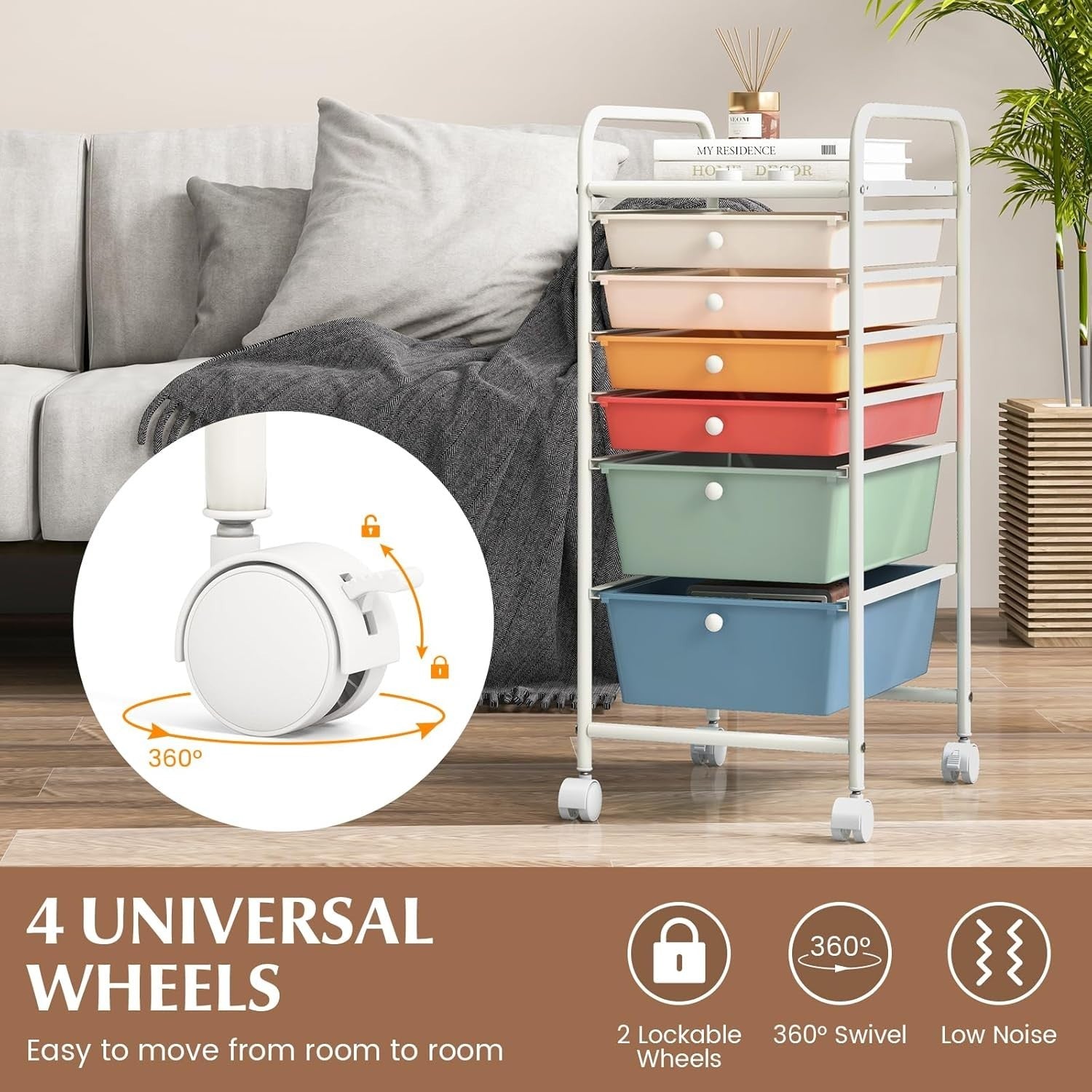Colorful 6 Drawer Rolling Storage Cart Craft Office Beauty Organizer