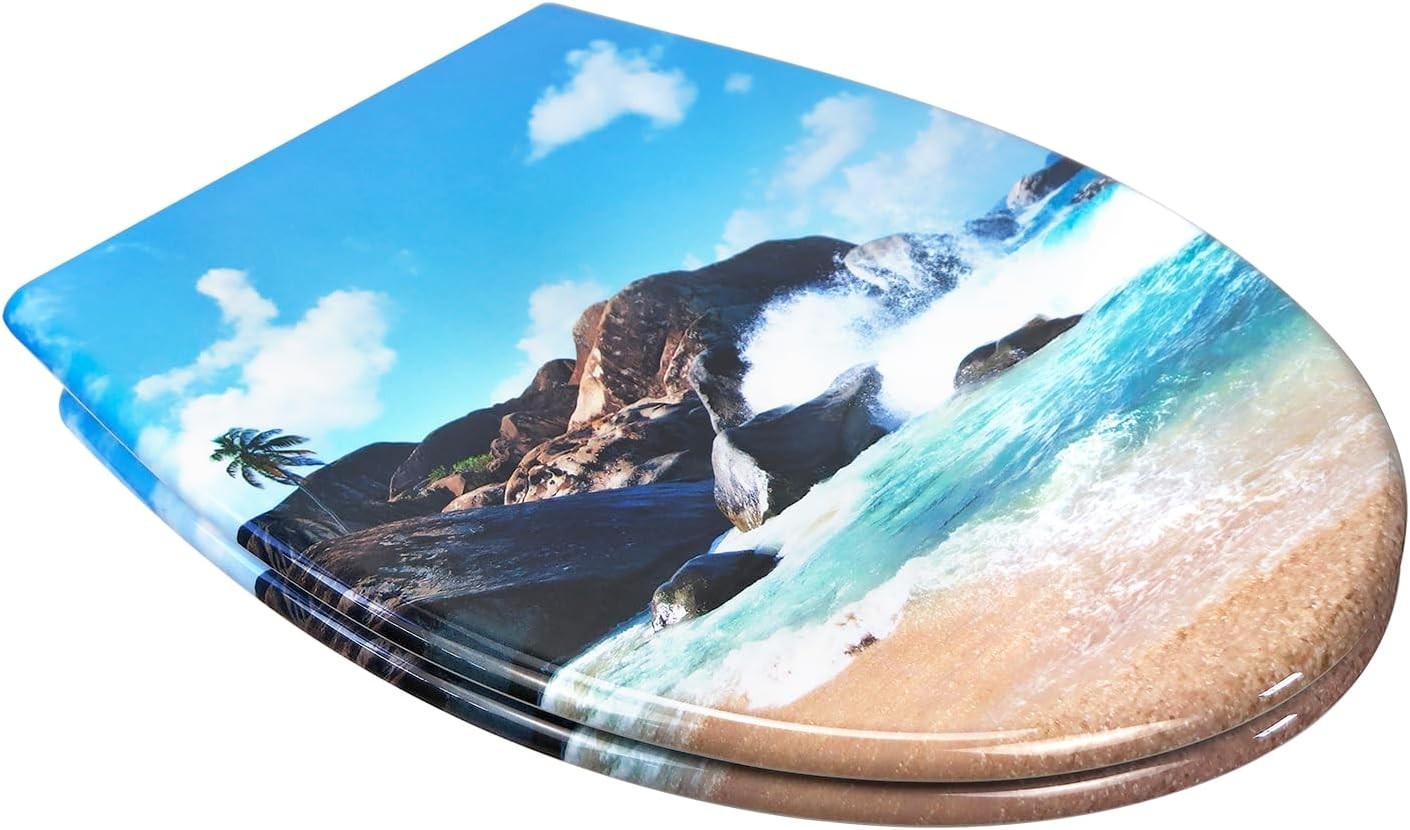 Soft Close Toilet Seat Duroplast Quick Release Top Fix Beach Pattern 45x37cm