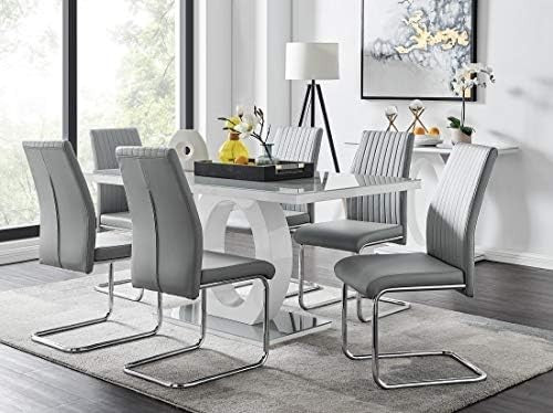 Modern 6-Seater Glass Dining Table Set with Grey Faux Leather Chairs