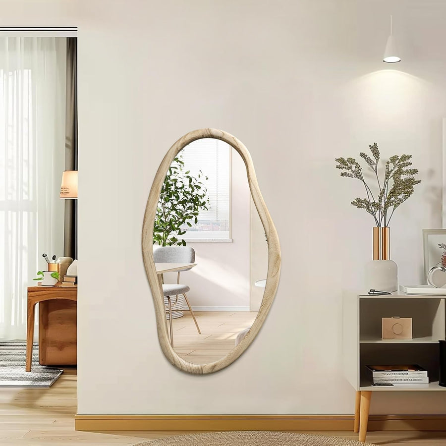 Irregular Wood Wall Mirror 85x55cm Asymmetrical Modern Bathroom Decor