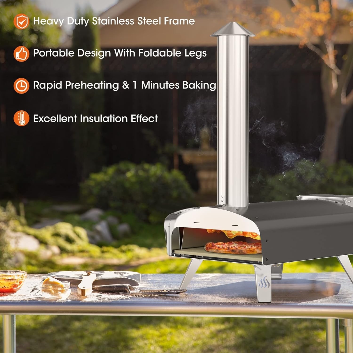 Outdoor Wood Pellet Pizza Oven | 12" Stone Fired BBQ Grill with Peel &Thermometr