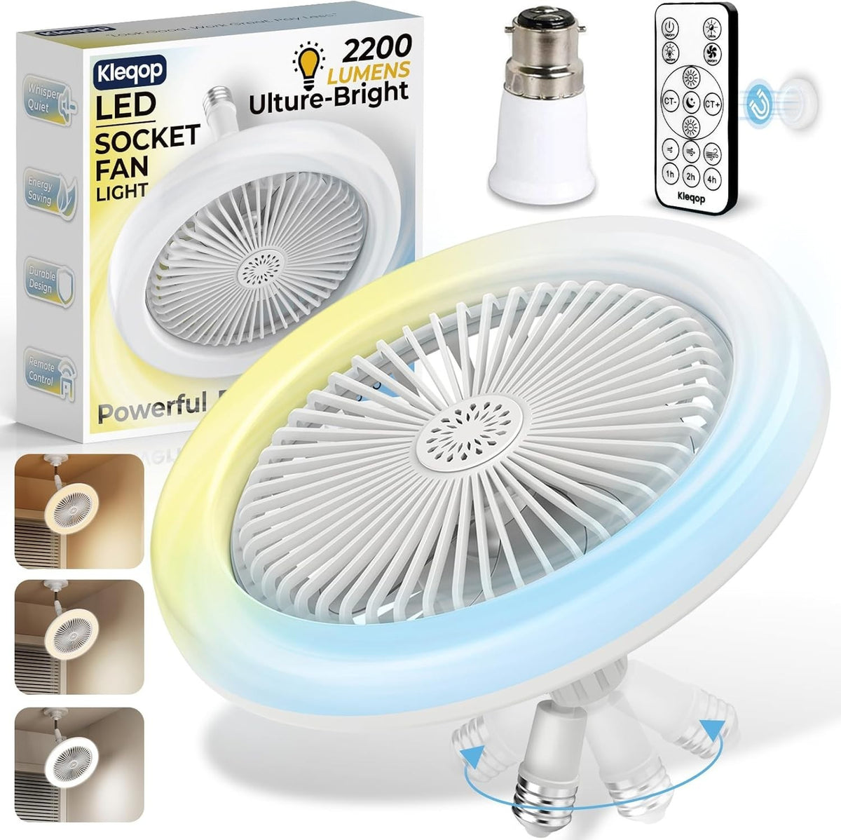 30W LED Ceiling Fan Light, Quiet, Timer, Adjustable Tilt, E27 Socket