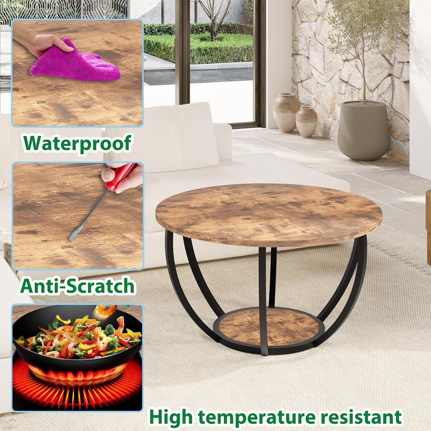 28" Round 2-Tier Coffee Table with Storage Shelves, Metal Frame Rustic Brown