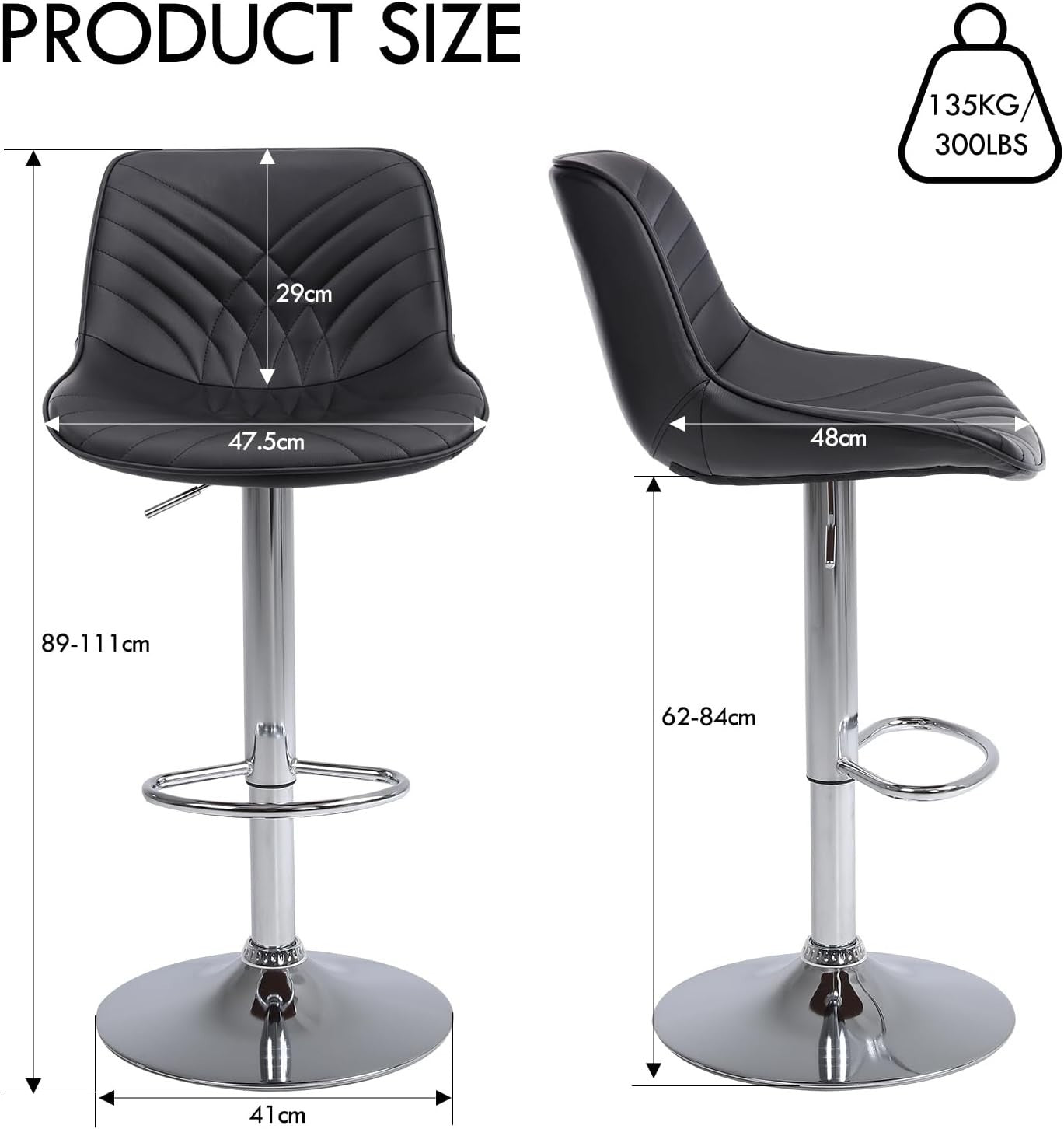 Adjustable Black Faux Leather Bar Stools Set of 2 Swivel Kitchen Counter