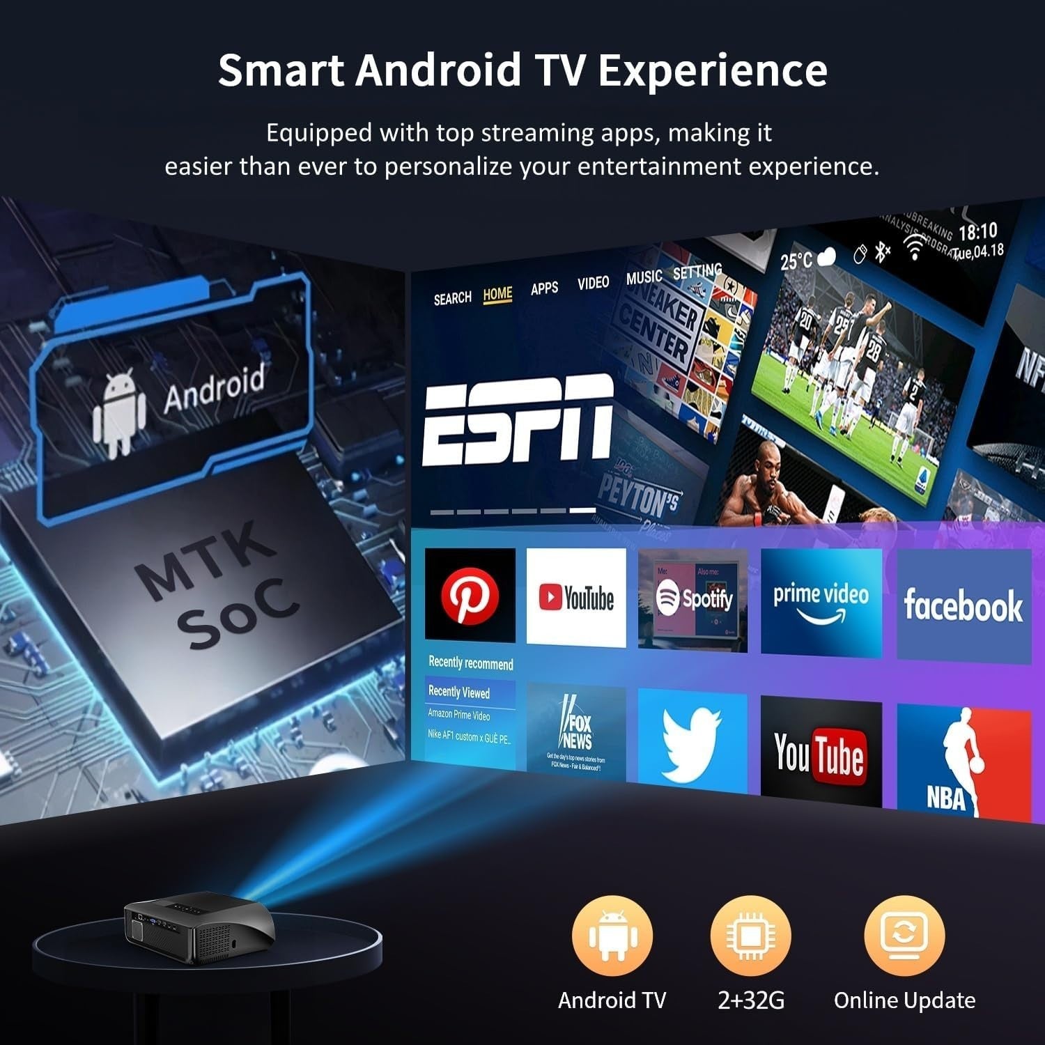 4K Smart Projector 1800 ANSI Daylight Android TV WiFi 6 300”