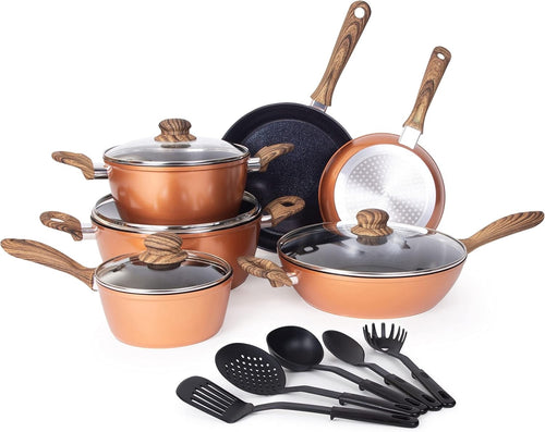 15pcs Luxury Copper Non Stick Cookware Set – Induction Pots & Pans with Lids