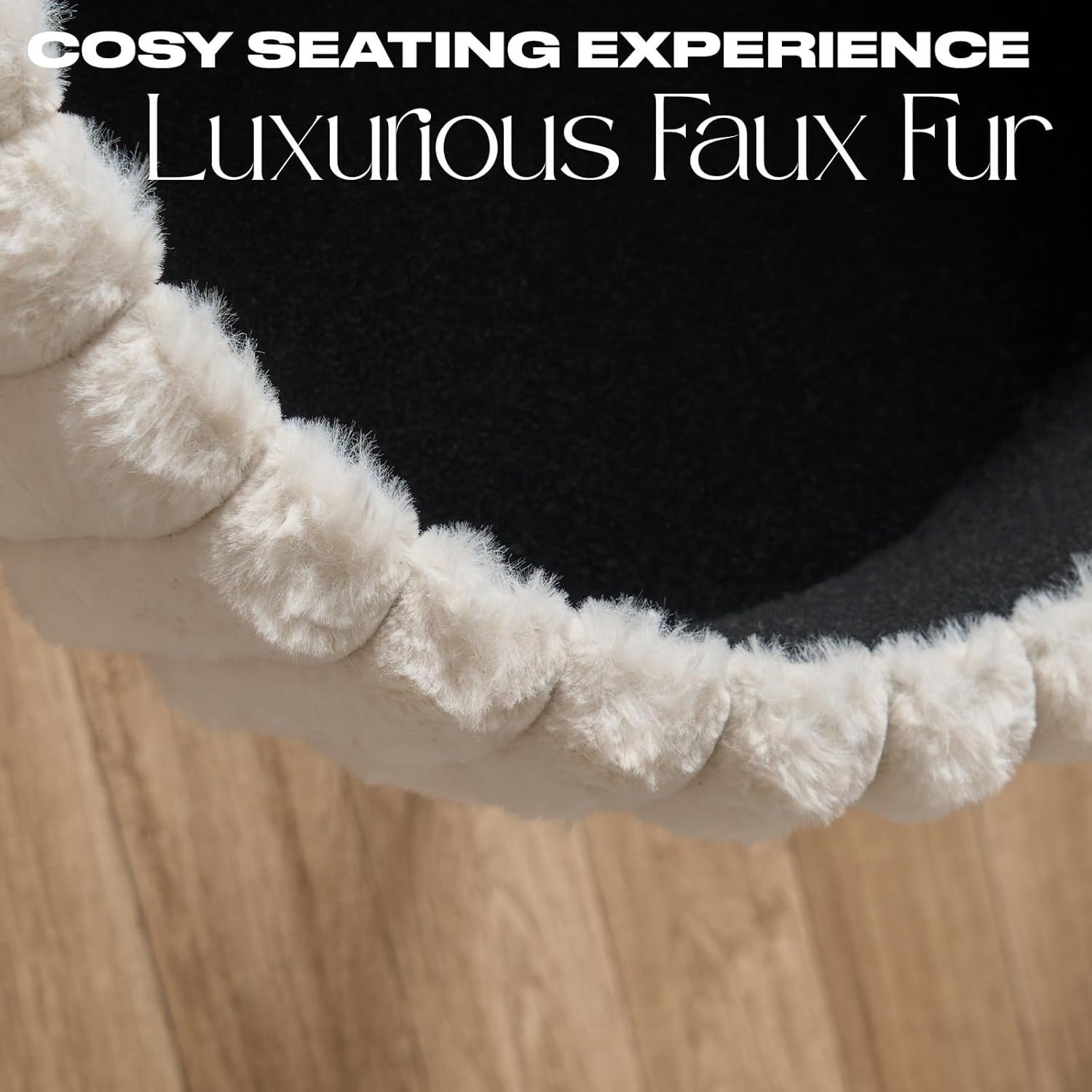 Cream Faux Fur Storage Stool Round Vanity Seat Hairpin Leg Ottoman