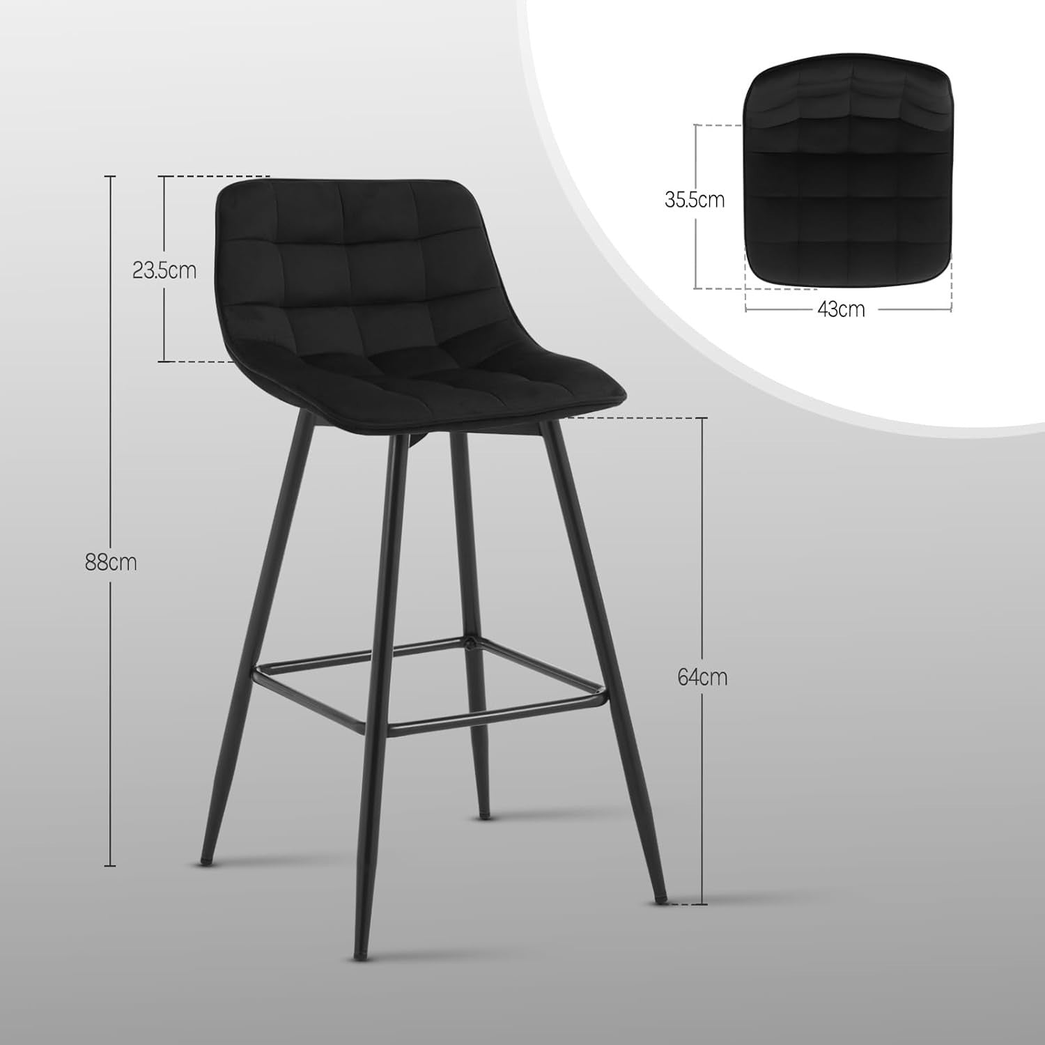 Black Velvet Bar Stools Set of 2 – Ergonomic Kitchen & Counter Seats