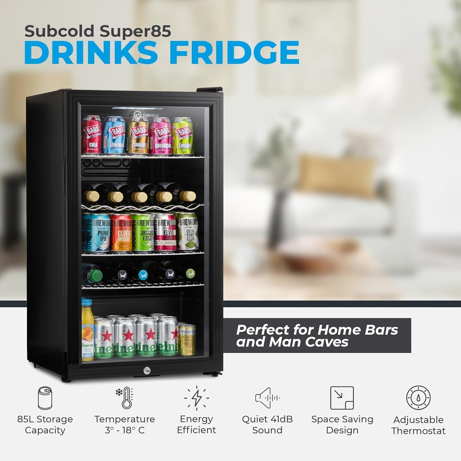 Under Counter Drinks Fridge 85L Beer Wine Cooler Glass Door LED Lockable