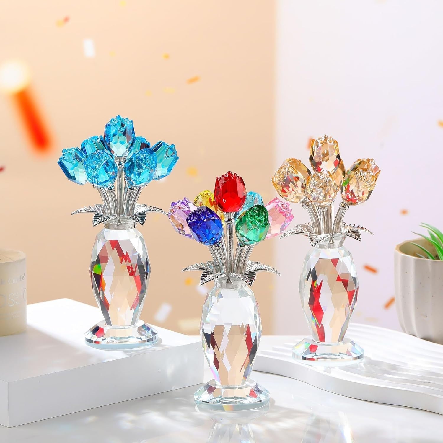 Light Blue Crystal Rose Bouquet Ornament Glass Flower Figurine Gift Decor