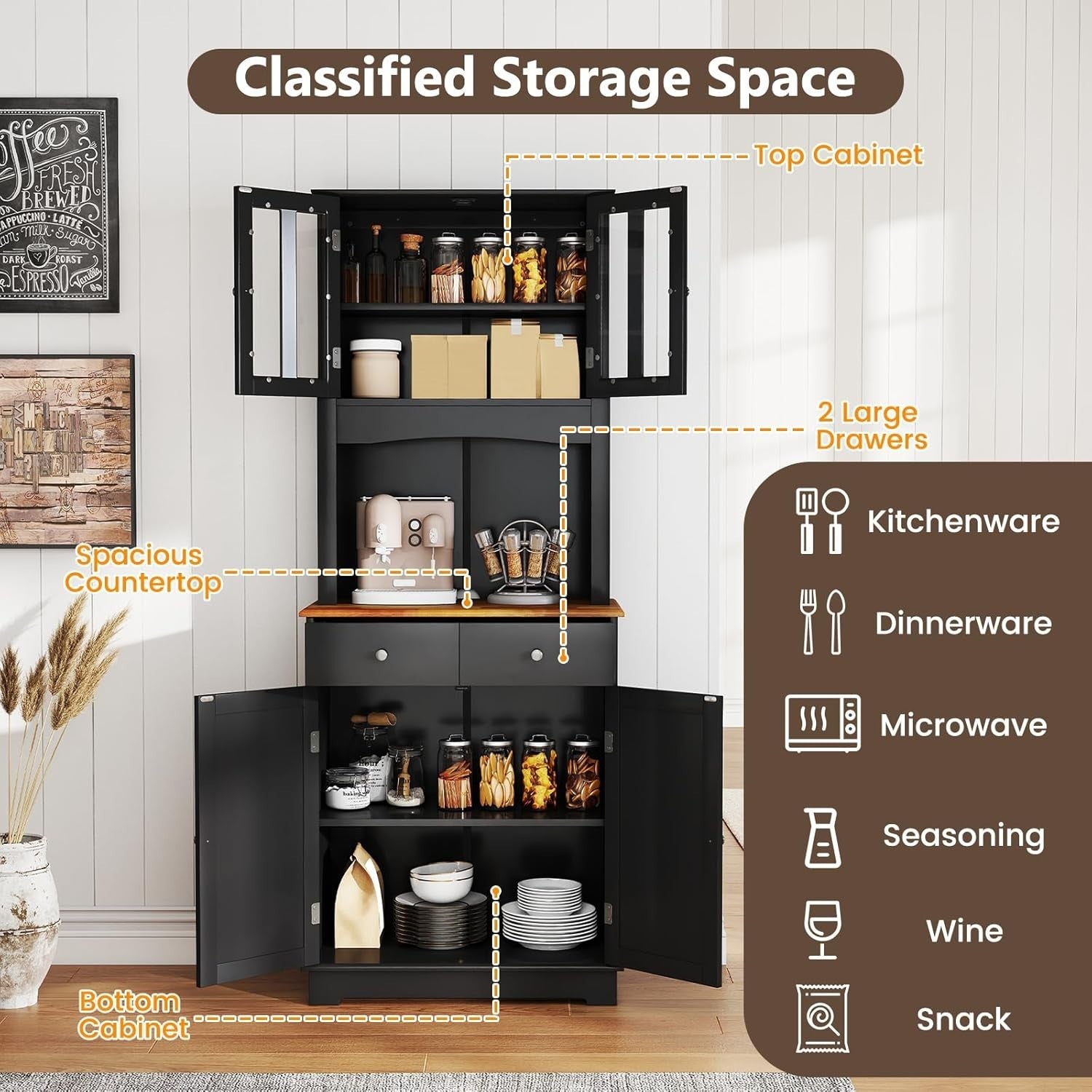 Black Tall Kitchen Cupboard Pantry Storage Cabinet 170cm Storage Units