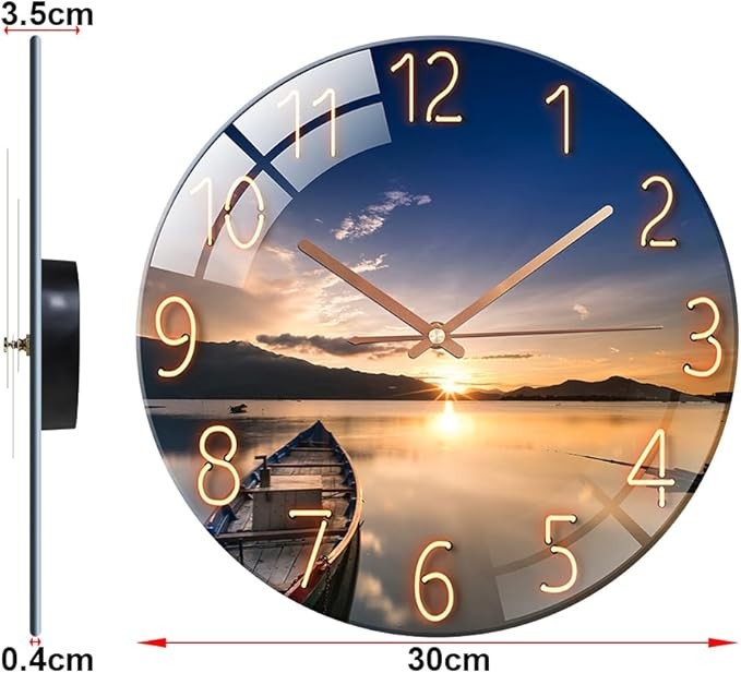 Sunset Blue Glass Wall Clock 12” Silent Non-Ticking Modern Round Home Decor