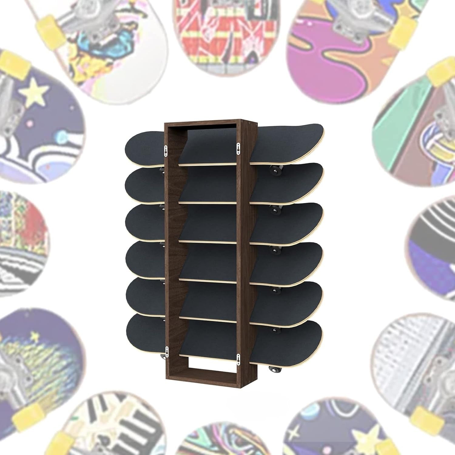 Wall Mount Skateboard Rack Holds 6 Boards Solid Wood Organizer