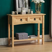 Rustic Pine Console Table with Drawers & Shelf, Solid Wood Hallway Unit