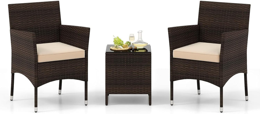 3PC Rattan Bistro Set Outdoor Patio Chairs with Table Cushioned Garden Set