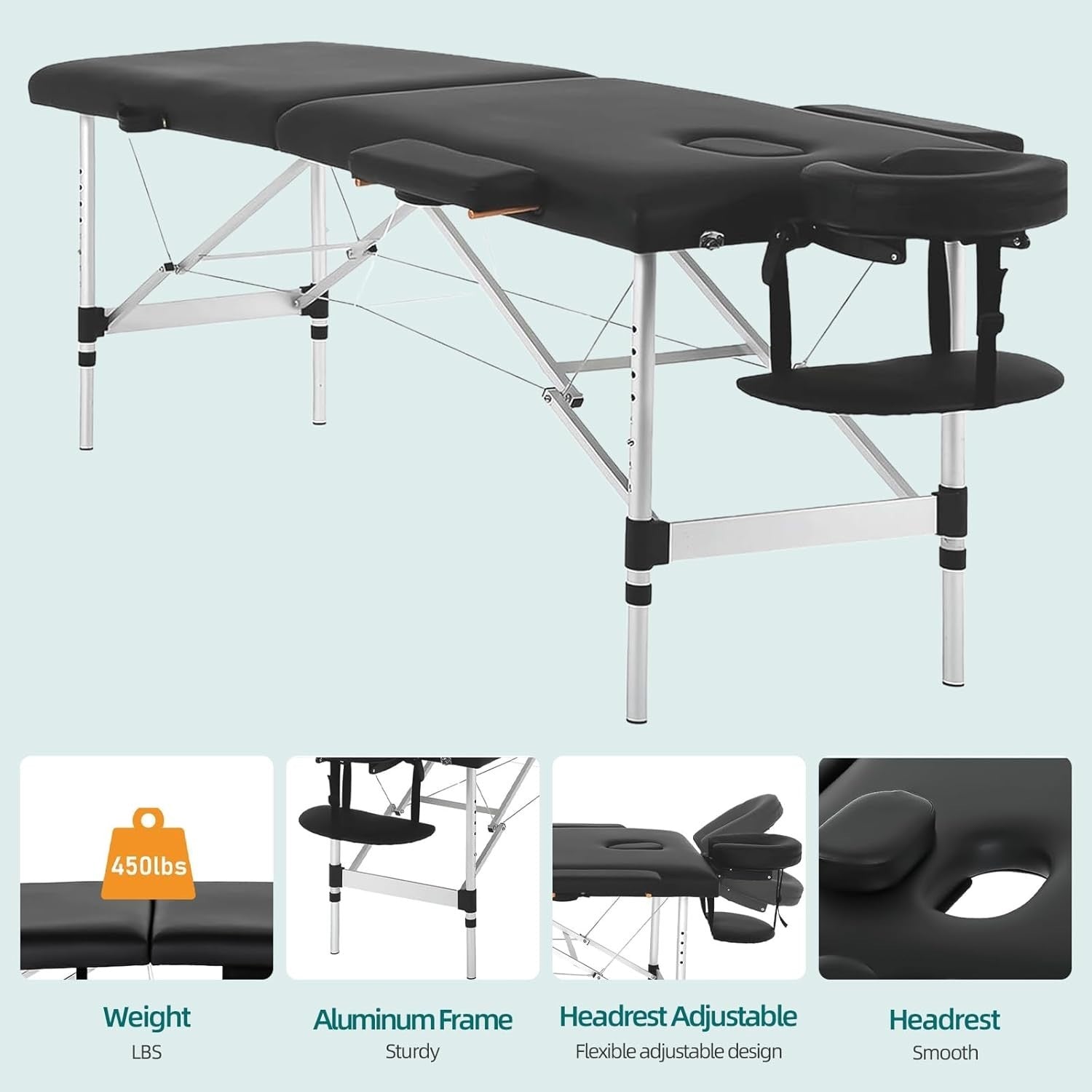 Portable Aluminium Massage Table Adjustable Spa Facial Tattoo Bed w/ Face Hole
