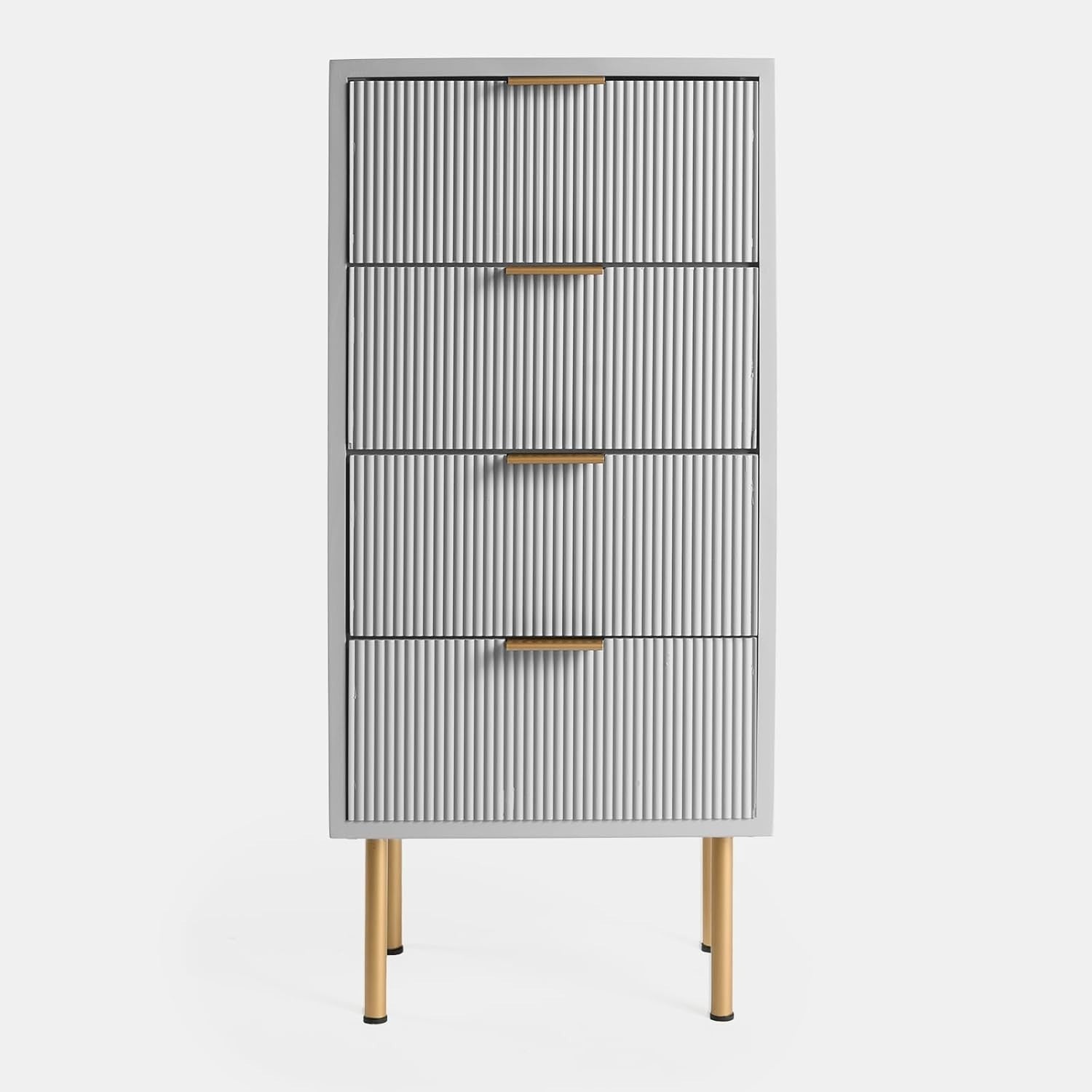 Modern Grey 4 Drawer Bedside Table | Ribbed Wood Nightstand with Gold Legs